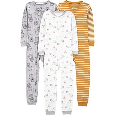 Imagem de Simple Joys by Carter's Pacote com 3 pijamas infantis de algodão sem pés, Listra dourada/leão cinza/animal branco, 4