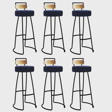 Imagem de Kit 06 Banqueta Alta Alice Bar Balcão Cozinha Com Encosto Madeira Ferro Preto Sintético Azul Marinho - Ahz Móveis