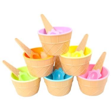 Imagem de hhdatc 6 tigelas de sorvete de plástico reutilizáveis com colheres de copos de sorvete coloridos de desenhos animados para sundaes, iogurte congelado e sobremesas de festa de verão