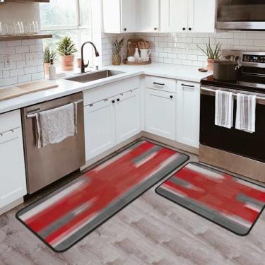 Imagem de Conjunto de 2 tapetes de cozinha vermelhos abstratos para chão antiderrapante tapete de cozinha lavável tapete de corredor para decoração de cozinha vermelha e acessórios 43 x 120 cm + 43 cm x 76 cm