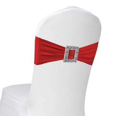 Imagem de Faixas de cadeira de elastano, pacote com 100 faixas elásticas para cadeira com fivela deslizante para festa de casamento, banquete, restaurante, decoração de cadeira de chá de bebê (vermelha)