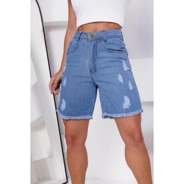 Imagem de Short Bermuda Jeans Feminina Cintura Alta com Rasgo - Alik Store, Lava