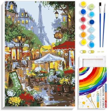 Imagem de QUITEDEW Kits de pintura por números para adultos, kits de pintura por números para adultos, pintura a óleo da Torre Eiffel em tela com caixa colorida, adequado para decoração de parede de casa 20 x
