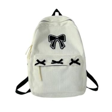 Imagem de KAOBIO Mochila feminina Preppy Y2k Estética de veludo cotelê Kawaii Mochila para laptop Cute Coquette Bow Harajuku College Daypack, Branco, Moderno