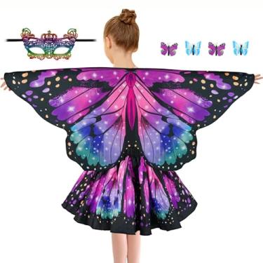 Imagem de Butterfly Costume for Girls Fairy Wings Kids 4 Pcs(Cape,Skirts,Masks,Hair Clips) Butterfly Wings for Halloween Gifts (Starry Sky Purple+Green Set)