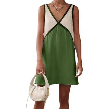 Imagem de Vestido Estético Vestido De Cetim Vestido De Praia Vestido De Verão Vestido Maxi Sem Mangas Decote V Bloco De Cor, Green, L