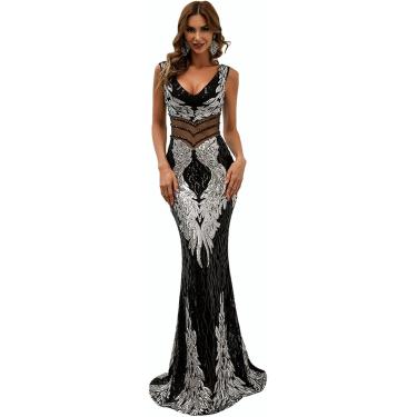 Imagem de Eveig Vestido Feminino Lantejoulas Elegante Sexy Sem Mangas V Neck Vestido Sereia Bodycon Coquetel Festa Baile De Formatura, Black, L