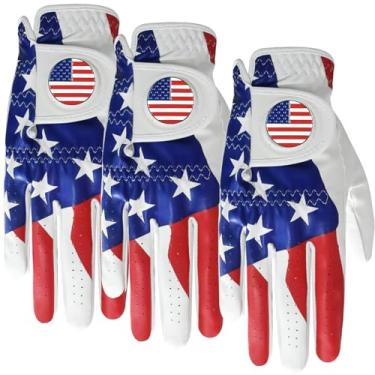 Imagem de Luvas de golfe masculinas para golfista destro de couro canhoto com marcador de bola, pacote com 3, luva de couro colorida confortável para todos os climas, ajuste tamanho pequeno, médio grande GG