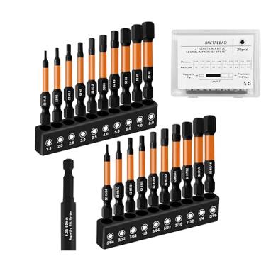 Imagem de Conjunto de brocas Allen de cabeça hexagonal longa Impact 20 peças (métrico e SAE), conjunto de brocas hexagonais de aço S2 de 1/10.2 cm, pontas usinadas CNC com soquete de extensão e caixa de