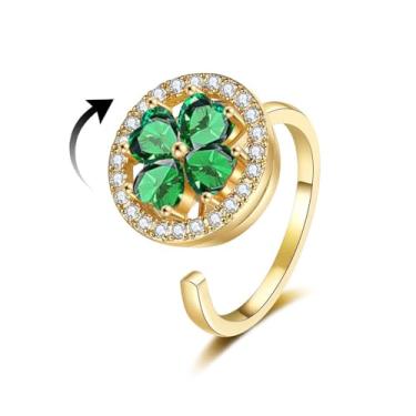 Imagem de Anel de declaração de ouro com flor rotativa para mulheres, trevo de quatro folhas, fidget spinner, anéis de ansiedade, cristal aberto, ajustável, coração, floral, alivio de estresse, dia de São
