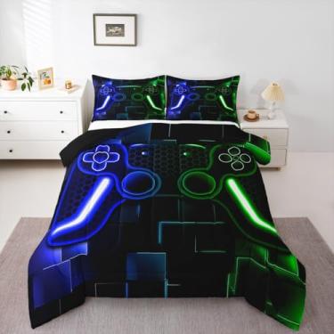 Imagem de Erosebridal Jogo de cama para meninos, adolescentes, verde, videogame, preto, geométrico, leve, com enchimento de edredom de microfibra (verde, casal)