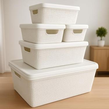 Imagem de Caixa Organizadora com Tampa Kit 5 Peças Cestos Plásticos 1,8 L, 5 L, 15 L Resistente Multiuso (Branco)