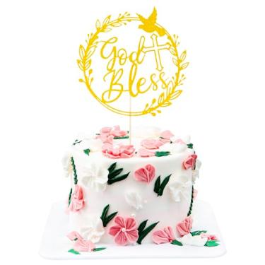 Imagem de Glitter God Bless Baptism Cake Topper - Divine Celebration Elegant Cross Dove Baby Shower Cake Decoration for Christening & Holy Communion, Round Design