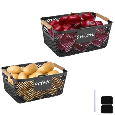 Imagem de Cestas de armazenamento de cebola e batata, um conjunto de três cestas de armazenamento com cabo de madeira, caixas de despensa de plástico empilháveis, organizadores multifuncionais para cozinha