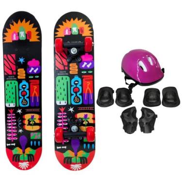 Imagem de Skate Infantil 40 Kg Abstrato + Kit Proteção Completo 7 Peças Rosa - R