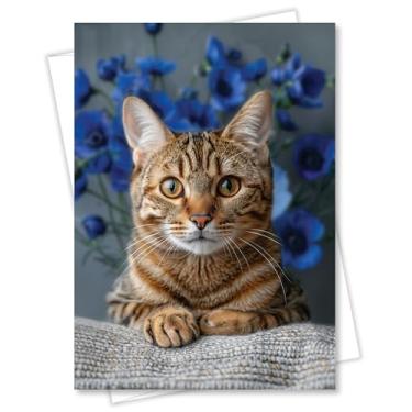 Imagem de CATNEVERLAND Cartão de felicitações Gato de Bengala 12 x 18 cm Qualquer Ocasião da Coleção Gatos com Flores Cartolina Premium Envelope Branco Branco Branco Ótimo Presente para Amantes de Gatos
