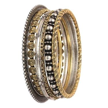 Imagem de Touchstone Nova pulseira indiana de Bollywood feita à mão com fio de grão trançado exótico trabalho rica cultura asteca designer joias pulseiras. Conjunto de 6. em prata oxidada e ouro antigo, dois