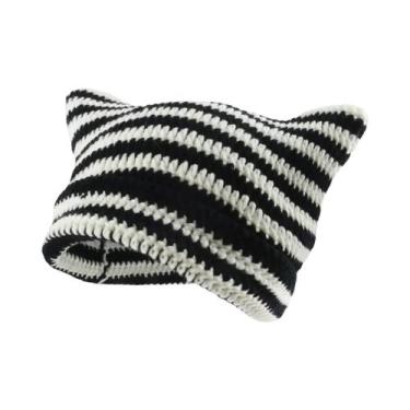 Imagem de Gorro Feminino De Inverno Listrado Com Orelhas De Gato, Estilo Coreano