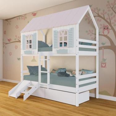 Imagem de Beliche Casinha Bela com 2 Gavetas Kit Escada/Escorregador - Madeira M