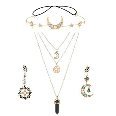 Imagem de papasgix Colares De Cristal Ametista Espiritual, Colar Cura Quartzo, Pingente, Joia Com Lua, Sol E Estrela, Cristais Em Camadas, Pedra Para Mulheres