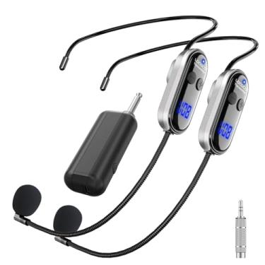 Imagem de Microfone duplo para fone de ouvido sem fio: cabeça de microfone UHF para duas pessoas com display digital LED - cabeça de mão microfone 2 em 1, alcance de 50 metros para amplificador de voz, guia