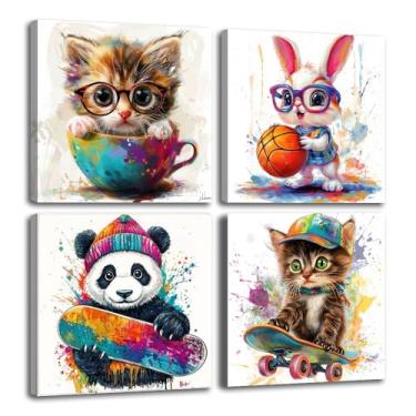 Imagem de Arte de parede de animais de berçário fofo gato coelho panda impressões grafite colorido animal pintura em tela aquarela para decoração de quarto infantil emoldurado (animal - 2,12 cm x 30,5 cm x 4