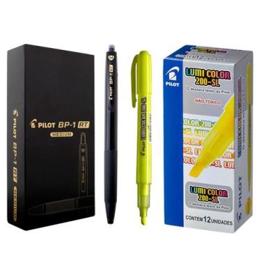 Imagem de Caneta Retrátil BP1 Preto + Marca Texto 200-SL Amarelo Pilot