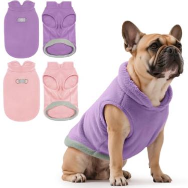 Imagem de Idepet Pacote com 2 coletes de lã para cães, quente, pulôver com coleira em D, casaco refletivo de inverno com capuz para cães pequenos, médios e gatos, roupas para animais de estimação (roxo e rosa
