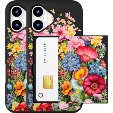 Imagem de MUQR Capa compatível com telefone 17 com porta-cartão fofo - design kawaii, proteção contra quedas de nível militar, capa carteira robusta para mulheres (flor de jardim preta e vermelha)