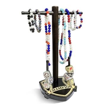 Imagem de TULIADU Suporte organizador de colar de gotejamento de softball, de madeira, suporte de exibição de anel de campeonato de softball, organizador de colar de gotejamento esportivo, suporte de anel de