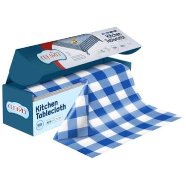 Imagem de Rolo de toalha de mesa de plástico transparente e azul com cortador, 132 x 2,999 cm, toalha de mesa descartável extra grande para piquenique, toalha de mesa de plástico descartável para festas