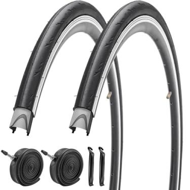 Imagem de SIMEIQI Pacote com 2 pneus dobráveis para bicicleta de estrada 700x23C (23-622) com 2 tubos e 2 alavancas de pneu 700C pneus de substituição com contas dobráveis, resistentes a perfurações para