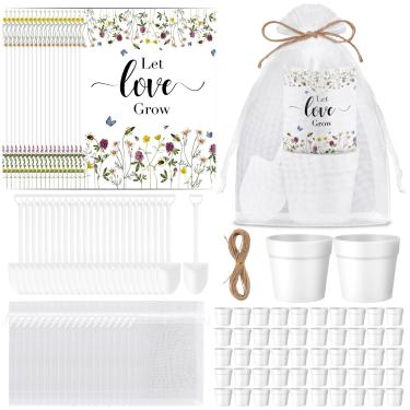 Imagem de 200 lembrancinhas de casamento para convidados, incluindo 50 pacotes de sementes autoadesivos, 50 sacos de presente de organza, 50 vasos de flores brancos, 50 pás de jardim para presentes de chá de
