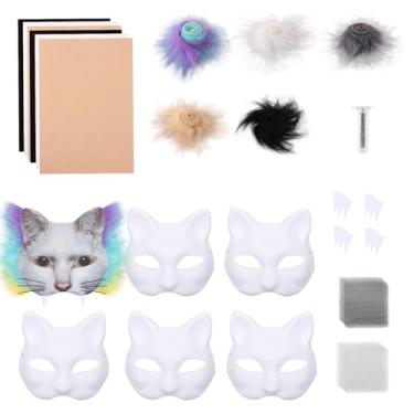Imagem de Kit de máscara de 6 peças, máscara de gato com telas de olhos de pele e adesivos de pedras preciosas, máscaras peludas de fantasia faça você mesmo, baile de máscaras (cor)