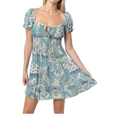 Imagem de Angie Vestido feminino amarrado na frente com manga bufante e cintura franzida, Aqua, P