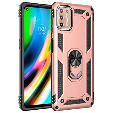 Imagem de SORAKA Capa para Motorola Moto G9 Plus com suporte de anel capa armadura Motorola Moto G9 Plus capa traseira de policarbonato rígido com placa de metal para suporte magnético de telefone carro ouro