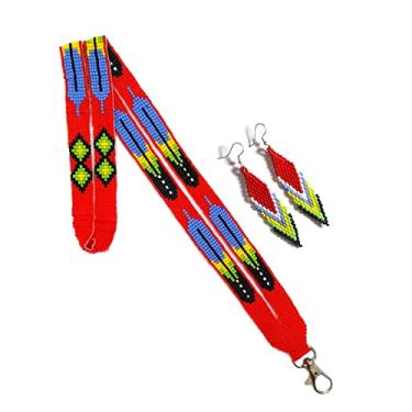 Imagem de Cordão de contas com brincos de contas combinando, cordão estilo nativo americano, porta-crachá com contas, porta-cartão de identificação, cordão de tear com contas (vermelho)