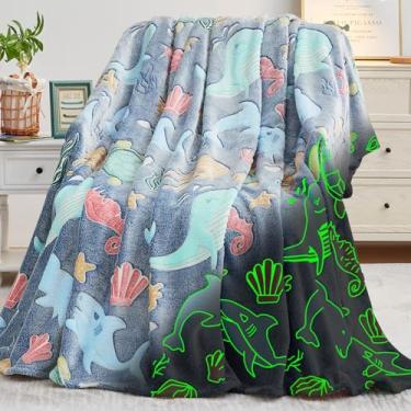 Imagem de Inhand Manta de tubarão que brilha no escuro, presentes para meninos, crianças, cobertor de caranguejo, tartaruga, coral, baleia, golfinho, água-viva, cavalo-marinho, brinquedos para crianças, meninos