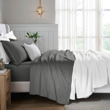 Imagem de Superior Jogo de lençol de algodão egípcio com 4 peças, 650 fios, design moderno, lençóis sustentáveis, básicos ultramacios, liso, lençol de cima, fronhas, casal, cinza