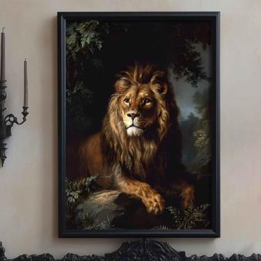 Imagem de Impressões de arte de parede de animais da floresta escura pôster vintage Moody Lion pôsteres botânicos temperamentais leoa vitoriana impressões de retrato de animais vintage arte temperamental Dark