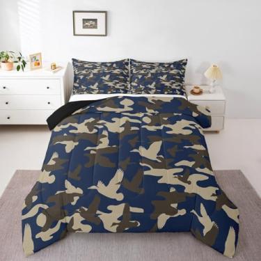 Imagem de Feelyou Jogo de cama solteiro com tema de caça de pato e pato para meninos e meninas, conjunto de edredom para crianças, camuflagem e pato azul e cinza