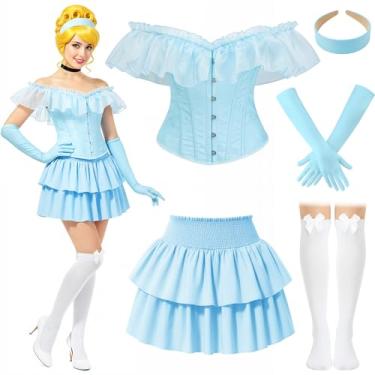 Imagem de JaGely 5 peças de fantasia de princesa fada para mulheres, espartilho de Halloween, saia, faixa de cabeça, meias, vestido adulto, dramatização, festa, Azul claro, Small