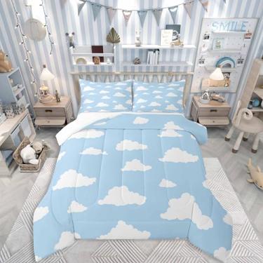 Imagem de Homewish Conjunto de edredom com nuvens brancas, nuvens brancas, céu azul, para crianças, adolescentes e adultos, estilo simples, decorativo, conjunto de edredom com 1 fronha, tamanho solteiro, 2