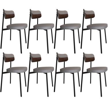 Imagem de Kit 08 Cadeiras Estofada Para Sala de Jantar Astrid Preto C01 Linho Cinza Courino Whisky - Lyam Decor