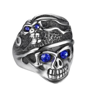 Imagem de Fachoice Anel masculino com olhos de caveira de zircônia cúbica azul, anel gótico de cabeça de caveira dupla, anel de olhos de caveira de cristal azul punk prata cabeça de motociclista anel masculino