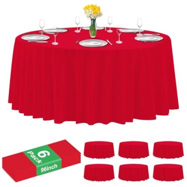 Imagem de CC-SLZP Pacote com 6 toalhas de mesa de plástico vermelho premium - toalha de mesa redonda de 246 polegadas, toalha de mesa descartável de plástico para festas (6, vermelha, redonda de 243 cm)