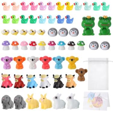 Imagem de GGSTDDUP 60 mini animais de resina com bolsa de organza, cartão em miniatura, resina, sapo, coelho, gado, coala, pinguim, cogumelo, abelha, para decoração de bolos, artesanato, paisagem de musgo