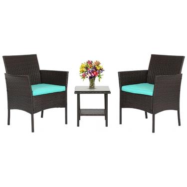 Imagem de Conjunto de Móveis de Exterior FDW 3 Peças - Cadeiras de Vime Marrom para Varanda com Almofadas Azuis e Mesa de Café de Vidro - Para Jardim