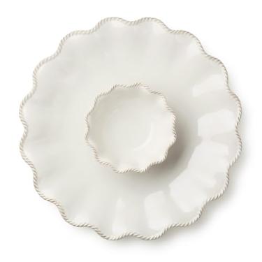 Imagem de Conjunto de chips e molho de grés Heritage Marfim, 2 peças – Travessa recortada de 38 cm com tigela de 15 cm (396 g) – Design elegante de borda ondulada para entretenimento, lanches e aperitivos