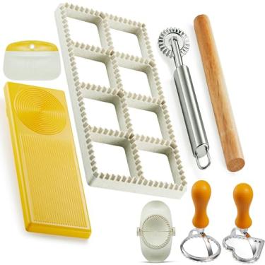Imagem de Prensa para ravióli, máquina de carimbos de ravioli - quadrados redondos de coração - Cortador de carimbos de ravioli de 4,7 cm com rolo de madeira, kit de prensa de empanada de 6,5 cm e roda de